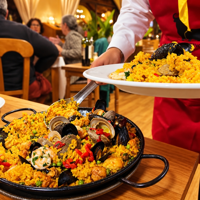Estadio Español_ Paella española en un restaurante acogedor